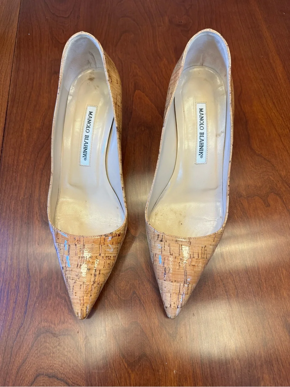 Manolo Blahnik Cork-Textured Pointed-Toe Pumps in Light Tan